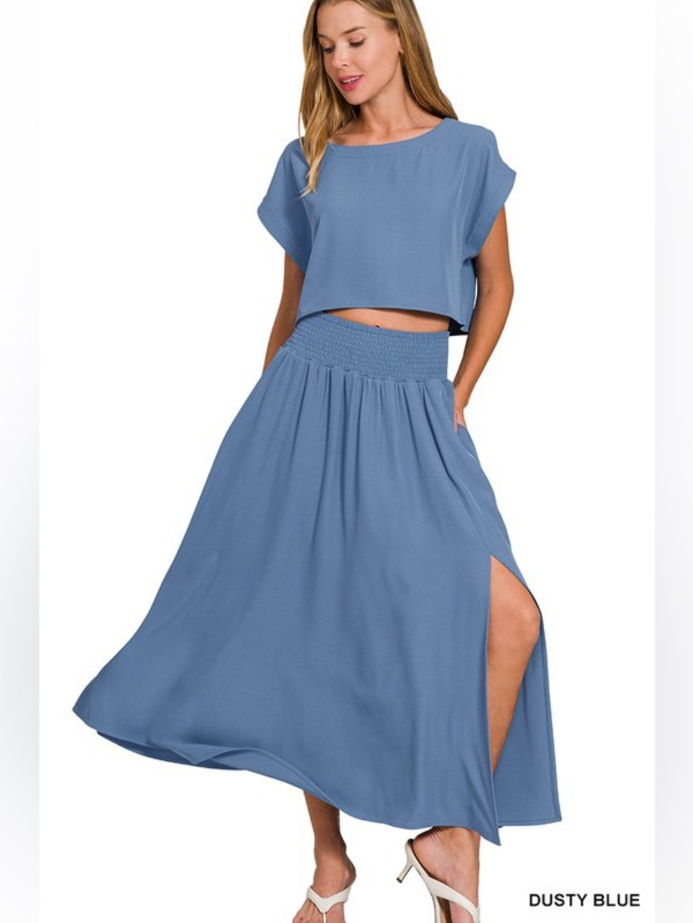 Zenana Woven Crinkle Gauze Crop Tee and Skirt Set